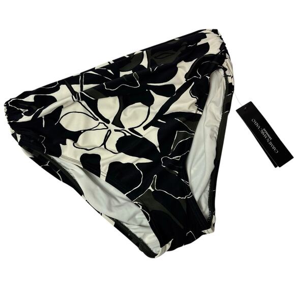 CARMEN MARC VALVO SWIMWEAR BLACK FLORAL PRINT HIGH WAISTED BIKINI BOTTOM LARGE - Picture 1 of 5